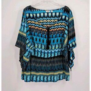 Cato Womens Sz XL Boho Artsy Blue Colorful Top Tie Neck Split Wide Flowy Sleeves